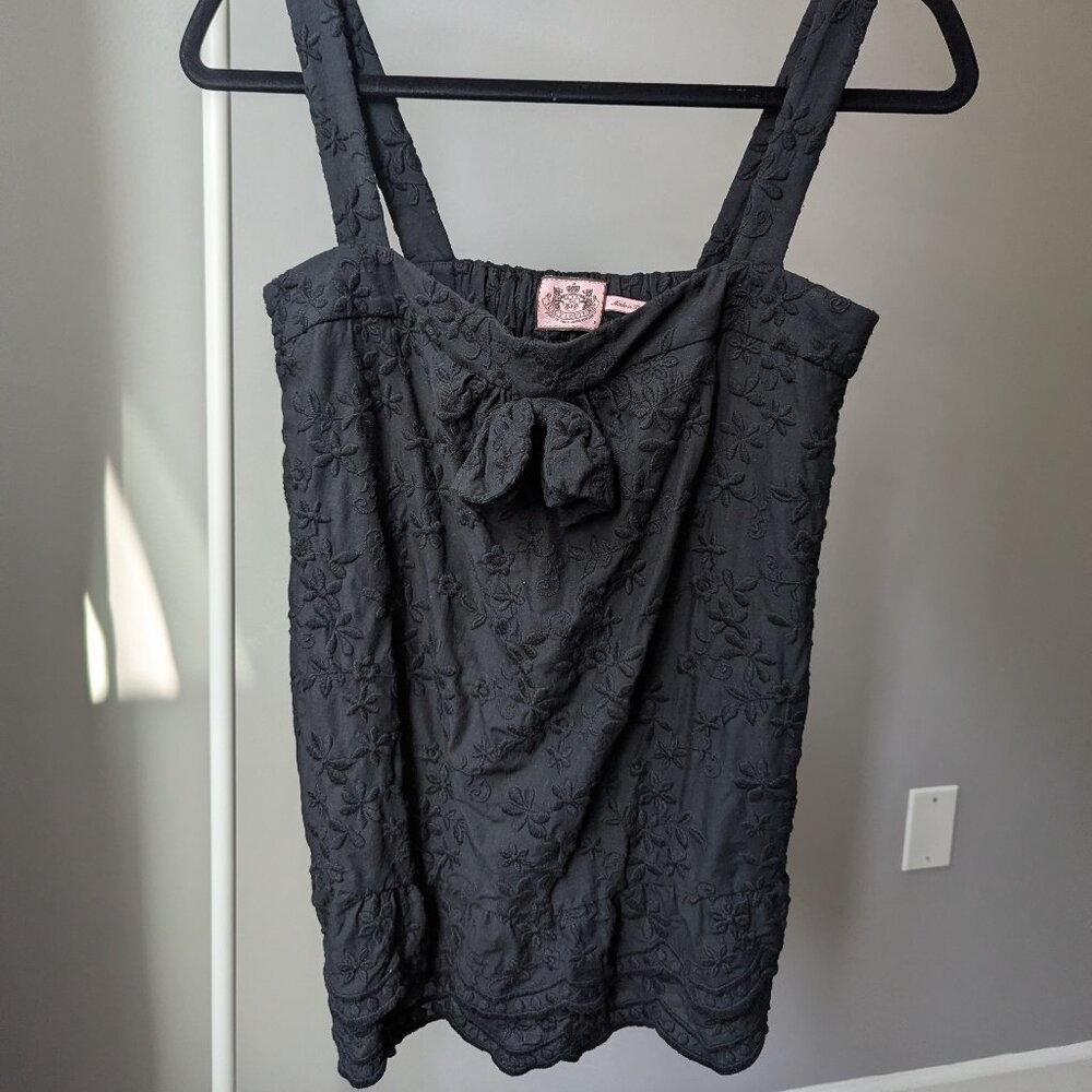 Juicy Couture Black Eyelet Floral Embroidered Tank Top Bow Smocked Size P XS
